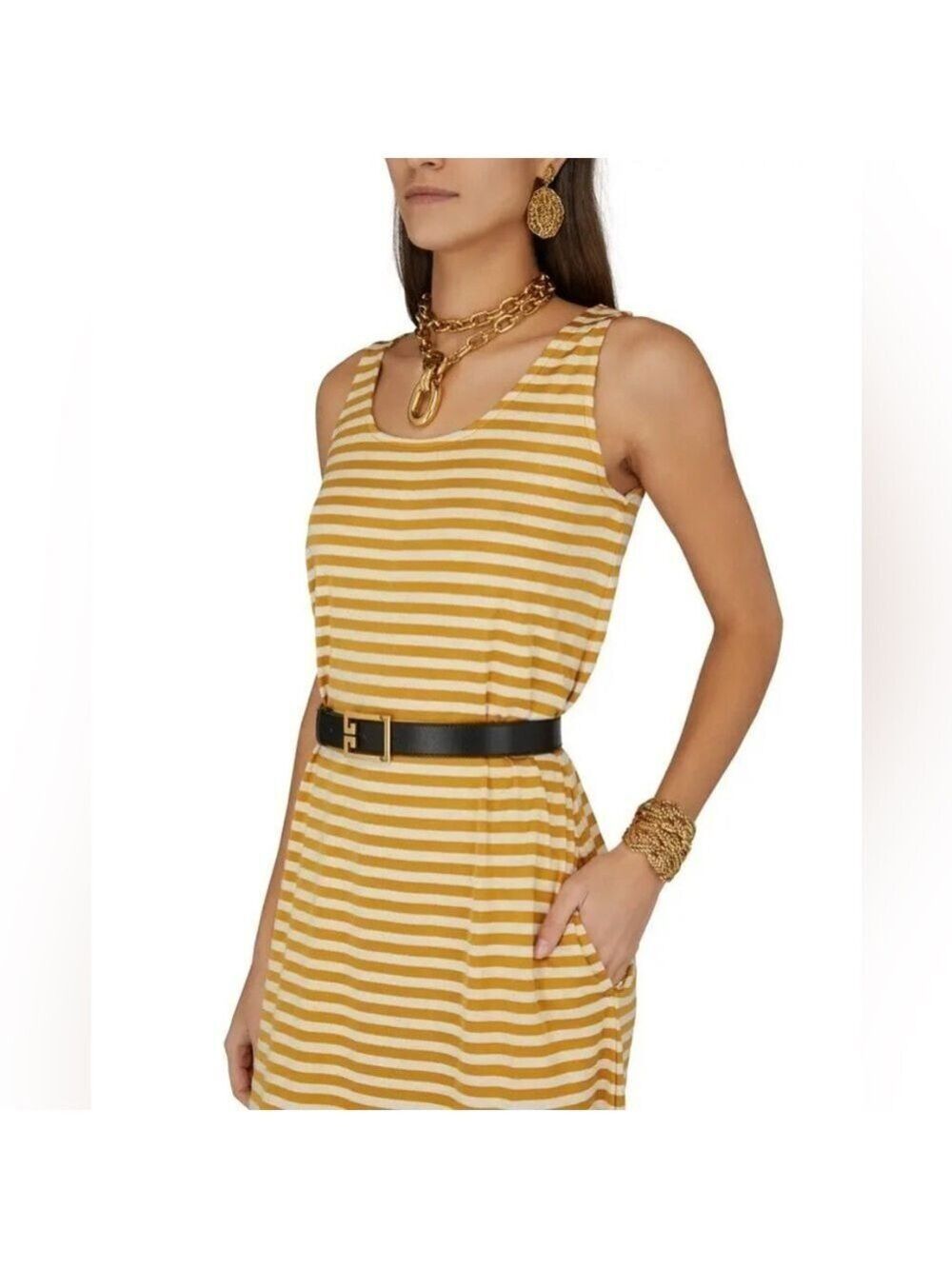 MaxMara Leisure Cina Striped Sleeveless Jersey Maxi Dress in Ochre / Mustard - Picture 2 of 15